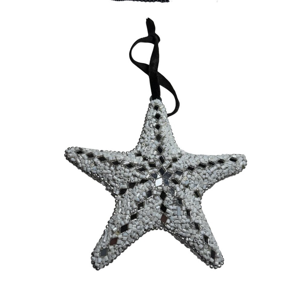 Beaded Star Ornament With Black Ribbon Hanging Loop - White & Silver Decorative
